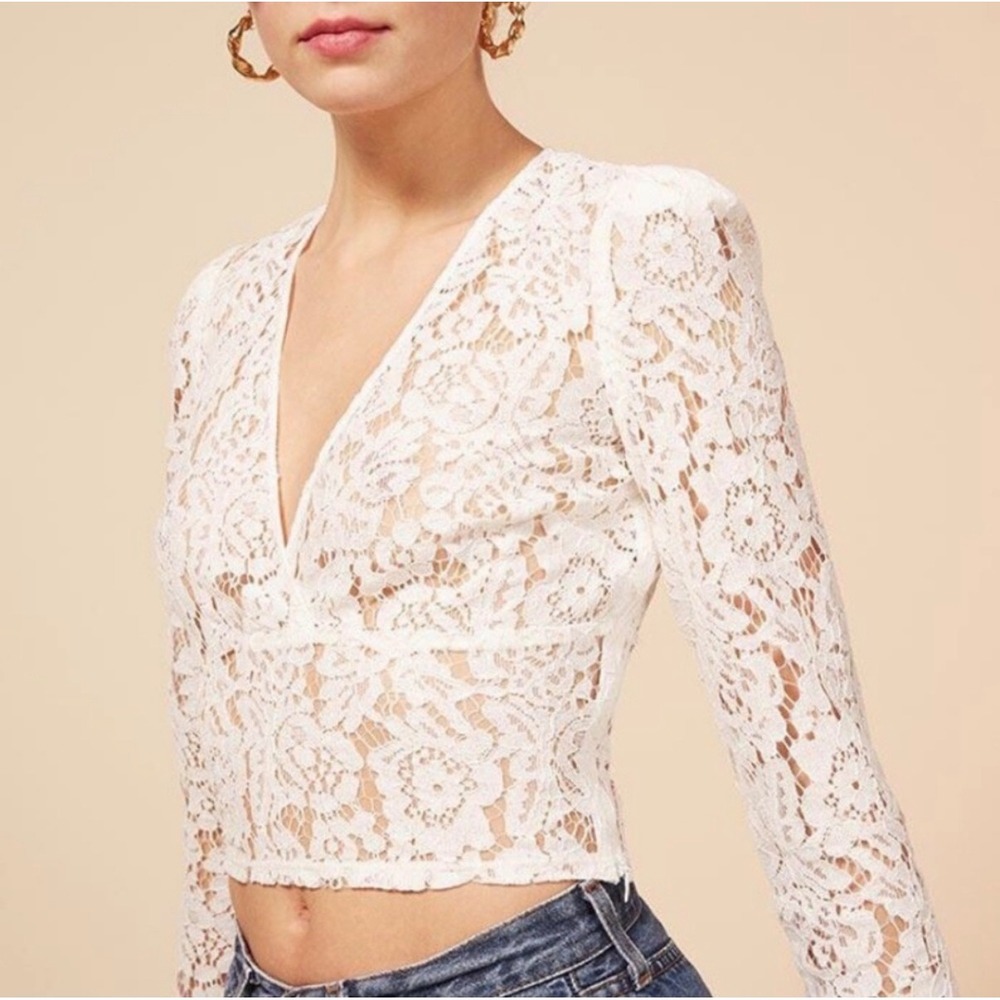 Reformation Halo Lace Top‎ Ivory Cream Sheer V-Neck Long Sleeve Coquette - 6